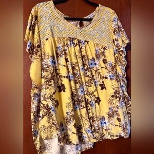 Absolutely Famous Yellow and Brown Floral Blouse 3X